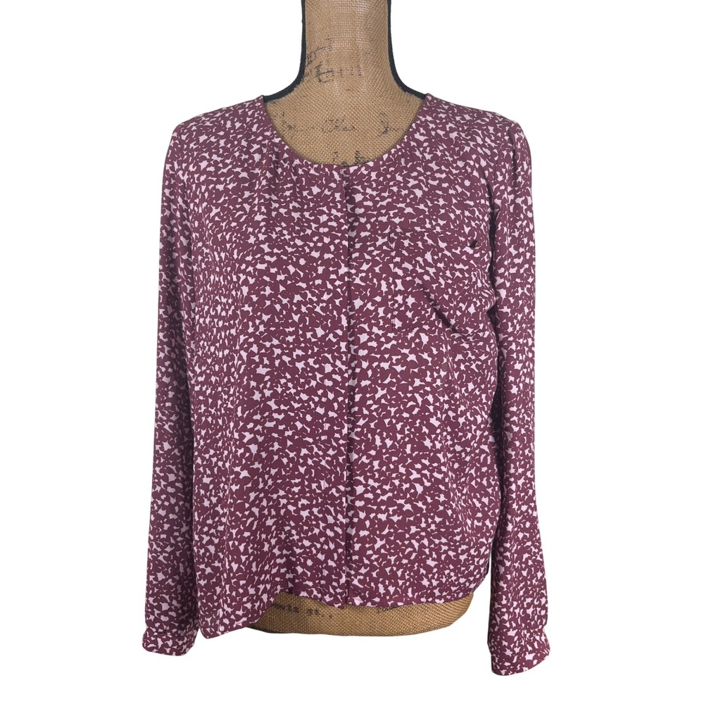 Chelsea28 Burgundy Heart Print Flyaway Back Blouse Romantic Sweet Size Small